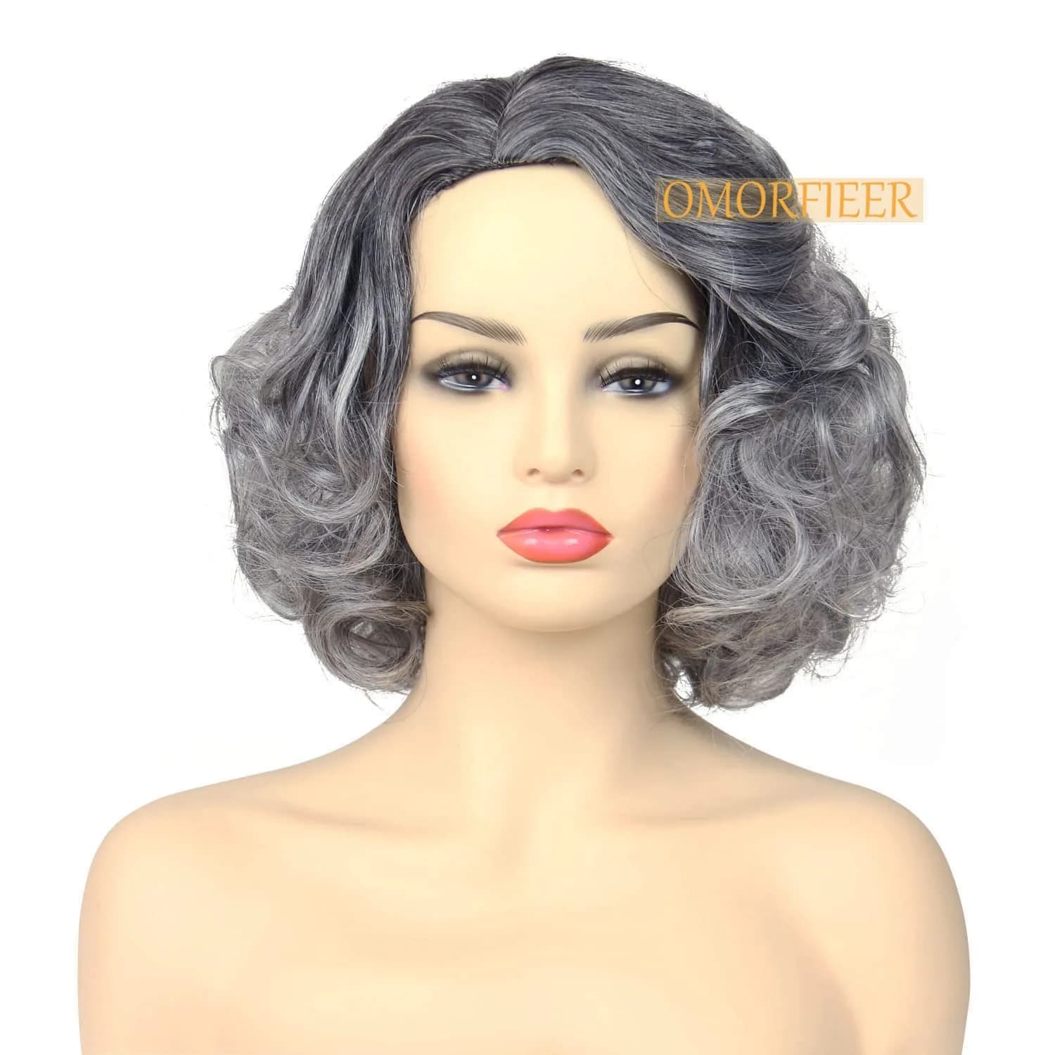 OMORFIEER Short Curly Ombre Grey Wig for Women | 35cm (14 Inch) — Two Tone Dark Root to Grey Ombre
