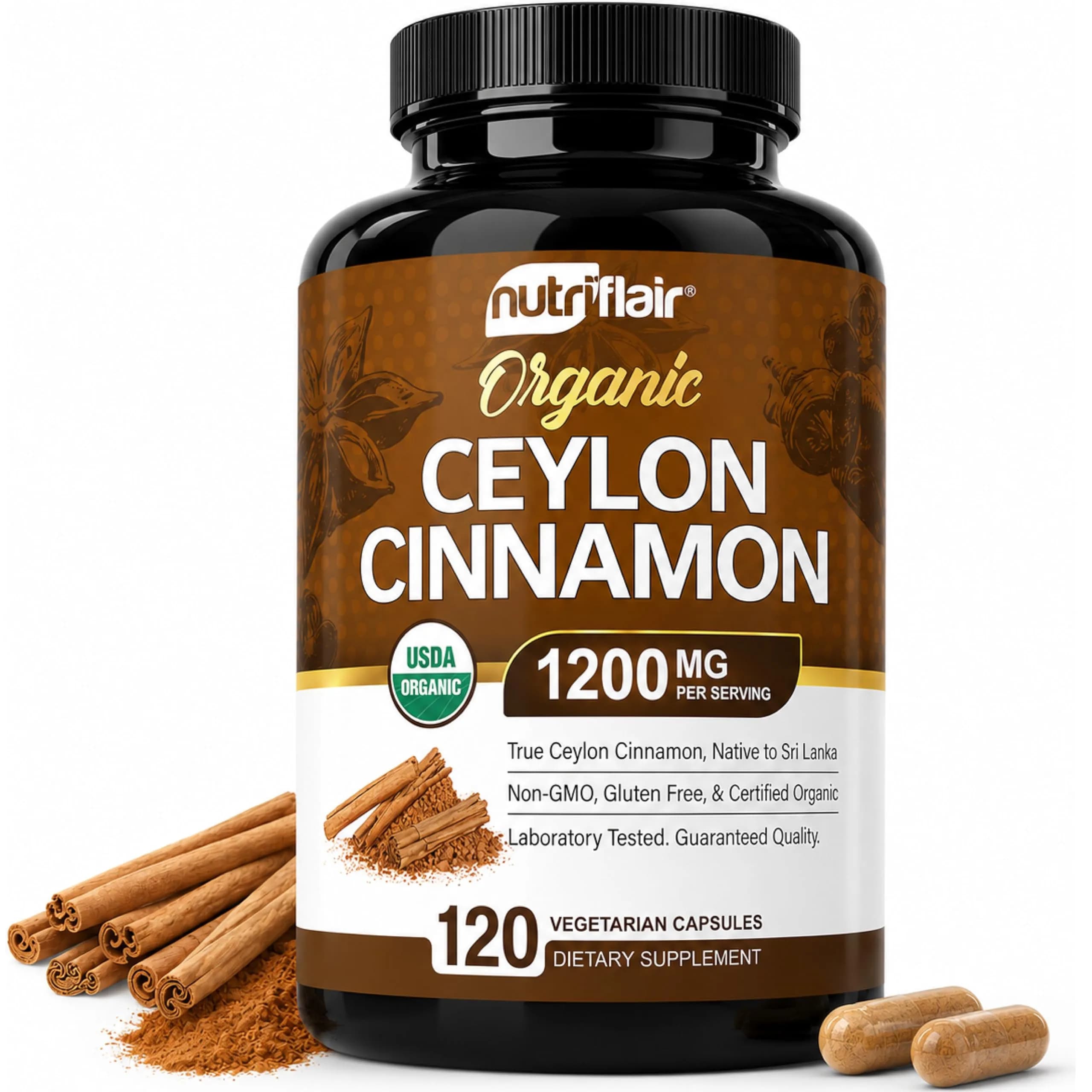 NutriFlair Organic Ceylon Cinnamon Supplement 1200mg | Vegan Capsules for Blood Sugar & Inflammation (70-120 chars) - main product image