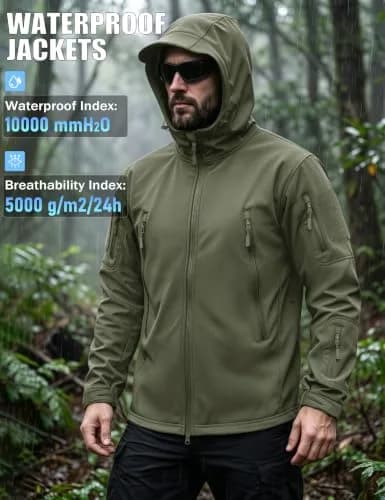 MAGCOMSEN Men's Tactical Winter Waterproof Softshell Rain Coat | 6 Pockets, Micro Fleece Lining, Windproof & Waterproof (Large, Army Green) thumbnail 2