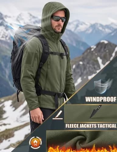 MAGCOMSEN Men's Tactical Winter Waterproof Softshell Rain Coat | 6 Pockets, Micro Fleece Lining, Windproof & Waterproof (Large, Army Green) thumbnail 3