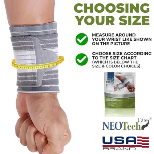 NeoTech Care Wrist Band - Adjustable Compression Strap - Elastic & Breathable Fabric - Support Sleeve for Tennis, Sports, Exercise - Men, Women, Right or Left (Gray, L) thumbnail 2