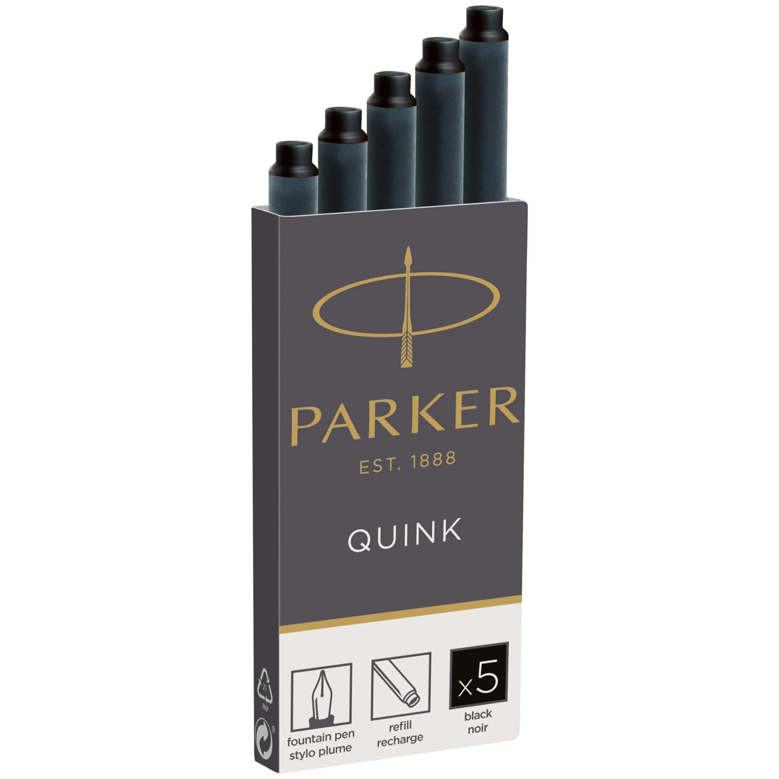 Parker Quink Fountain Pen Ink Cartridges Black, 5 Count (0.032 kg) | Smooth Ink Flow for Traditional Writing - main product image