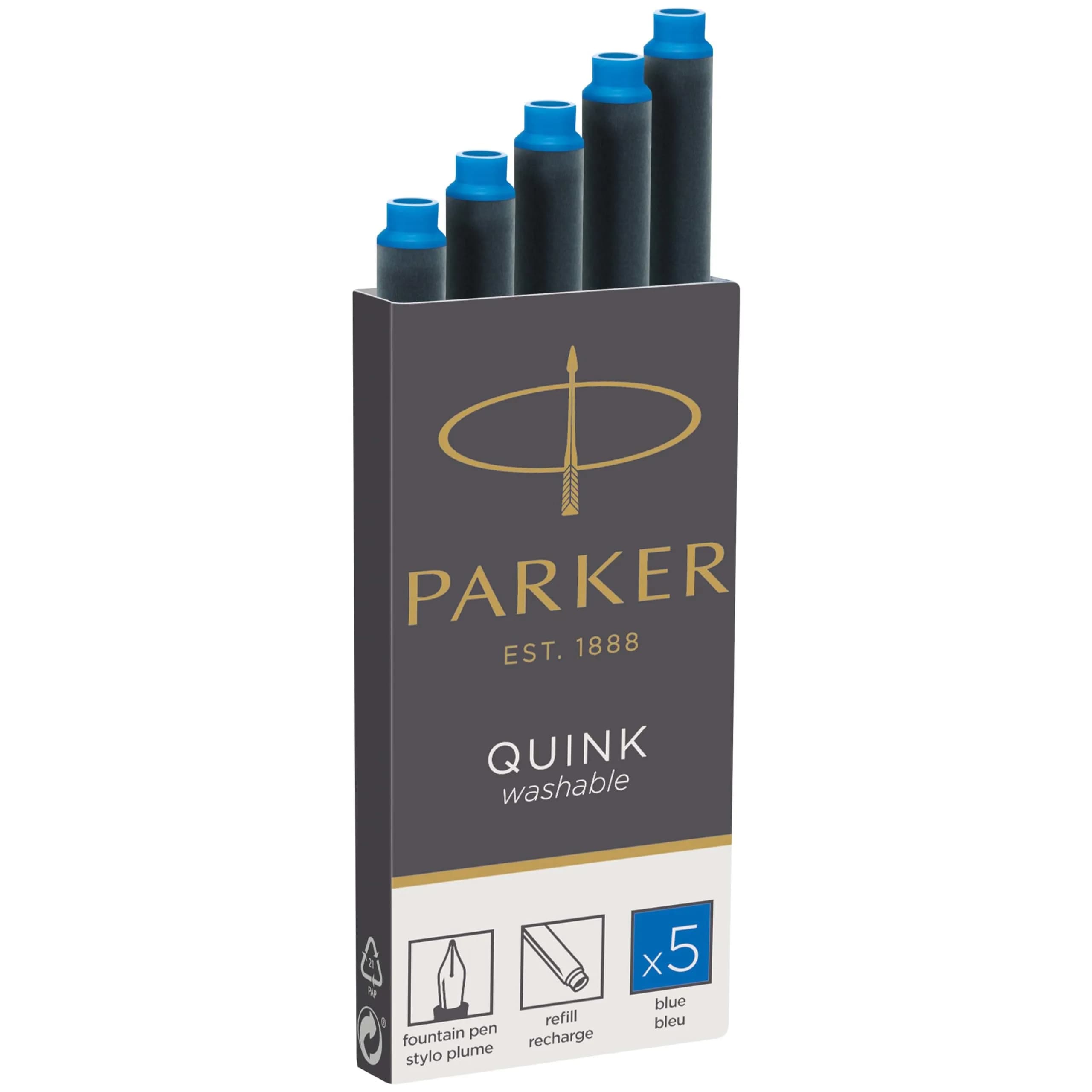 Parker Quink Fountain Pen Ink Refills, Washable Blue, 5 Count | Smooth Ink Flow for Traditional Writing — Washable Blue