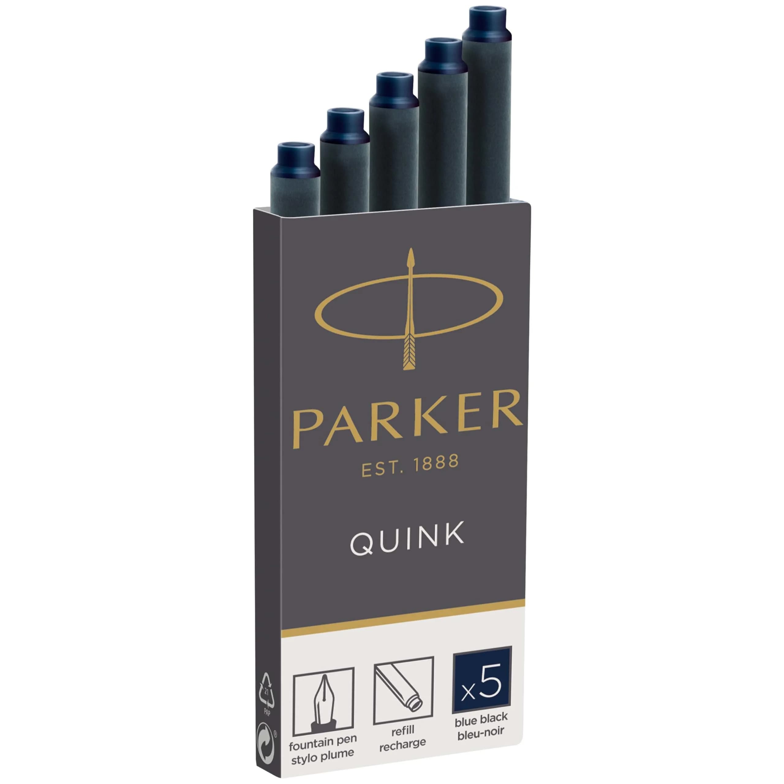 Parker Quink Fountain Pen Ink Refills Box of 5 | Smooth Blue-Black Ink Flow — Blue/Black