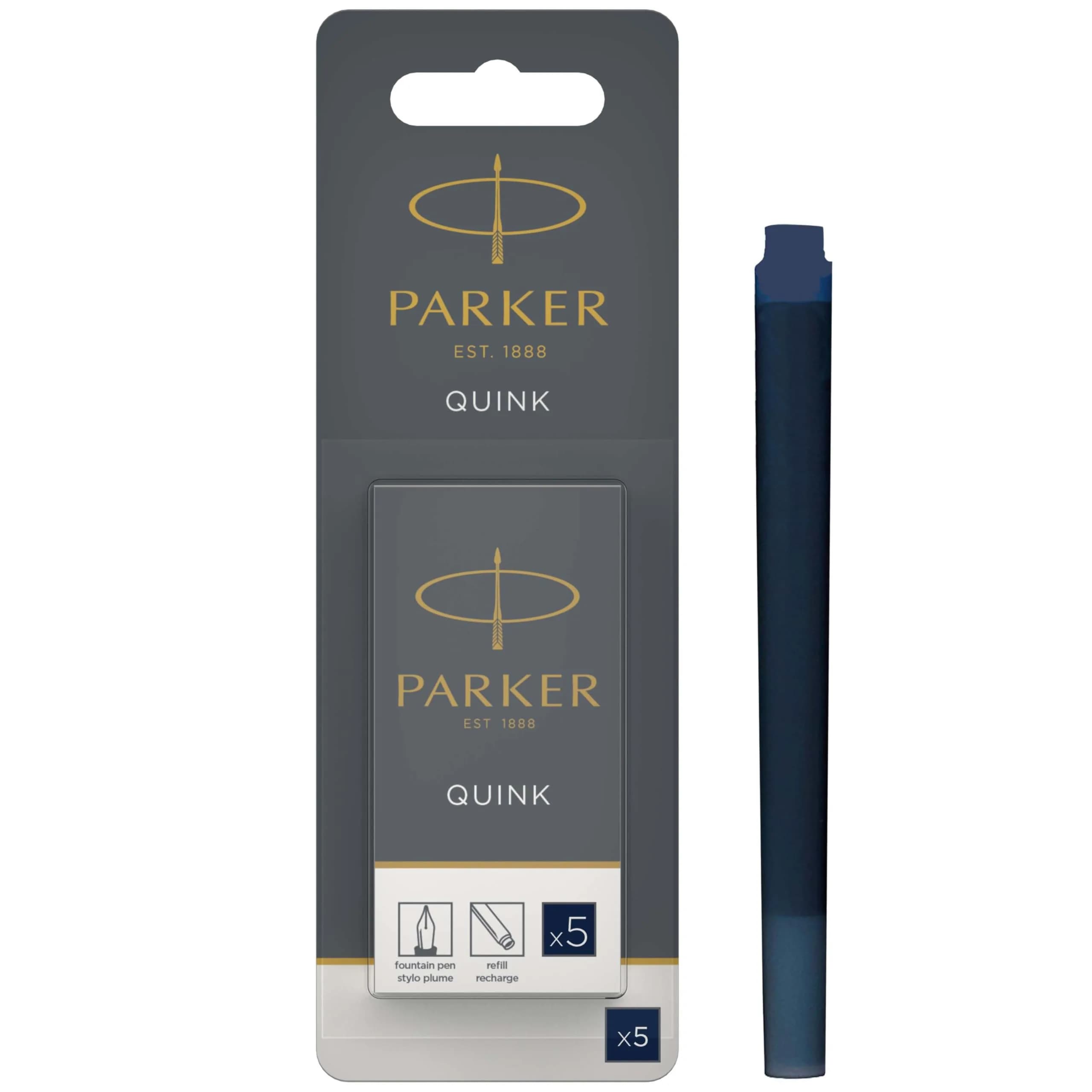 Parker Quink Fountain Pen Refill Pack of 5 Blue-Black Ink Cartridges | Smooth Ink Flow — Blue/Black