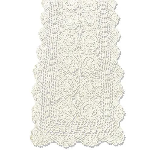 KEPSWET Cotton Handmade Crochet Lace Table Runner Beige 14x60 inch | Rustic Home Decor thumbnail 1
