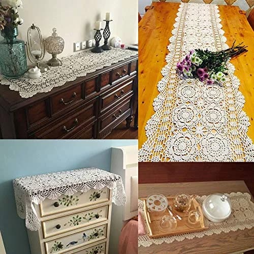 KEPSWET Cotton Handmade Crochet Lace Table Runner Beige 14x60 inch | Rustic Home Decor thumbnail 3