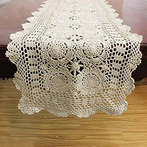 KEPSWET Cotton Handmade Crochet Lace Table Runner Beige 14x48 inch | Rustic Home Decor thumbnail 5