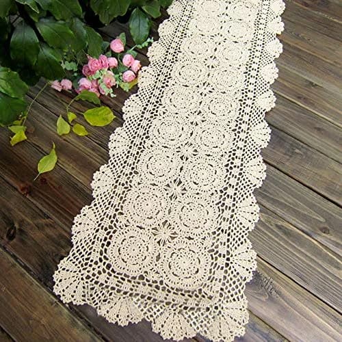 KEPSWET Cotton Handmade Crochet Lace Table Runner Beige 14x48 inch | Rustic Home Decor thumbnail 2