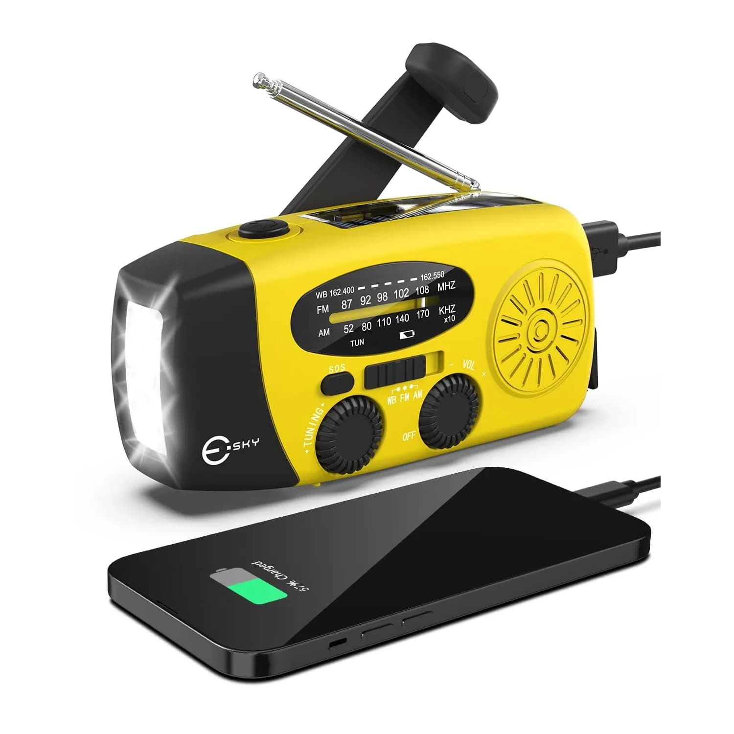 Esky Emergency Hand Crank Radio with 3 LED Flashlight, AM/FM/NOAA Weather Radio, 2000mAh Power Bank, Solar Powered USB Charged Radio (Yellow, 5.9x3.1x2.5 Inches)