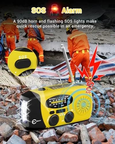 Esky Emergency Hand Crank Radio with 3 LED Flashlight, AM/FM/NOAA Weather Radio, 2000mAh Power Bank, Solar Powered USB Charged Radio (Yellow, 5.9x3.1x2.5 Inches) thumbnail 4