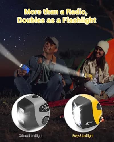 Esky Emergency Hand Crank Radio with 3 LED Flashlight, AM/FM/NOAA Weather Radio, 2000mAh Power Bank, Solar Powered USB Charged Radio (Yellow, 5.9x3.1x2.5 Inches) thumbnail 5