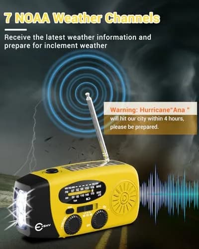 Esky Emergency Hand Crank Radio with 3 LED Flashlight, AM/FM/NOAA Weather Radio, 2000mAh Power Bank, Solar Powered USB Charged Radio (Yellow, 5.9x3.1x2.5 Inches) thumbnail 2