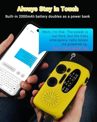 Esky Emergency Hand Crank Radio with 3 LED Flashlight, AM/FM/NOAA Weather Radio, 2000mAh Power Bank, Solar Powered USB Charged Radio (Yellow, 5.9x3.1x2.5 Inches) thumbnail 3