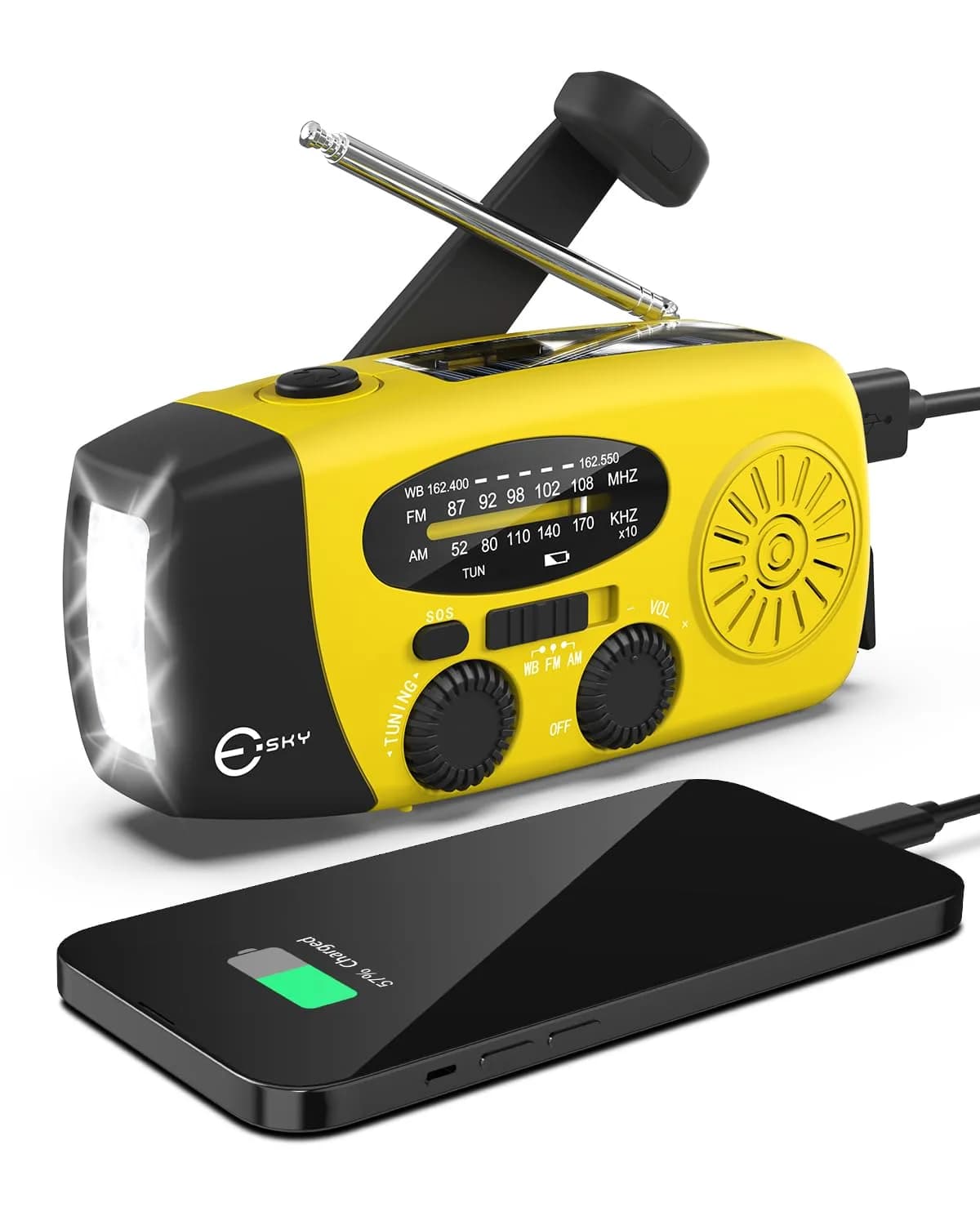 Esky Emergency Hand Crank Radio with 3 LED Flashlight, AM/FM/NOAA Weather Radio, 2000mAh Power Bank, Solar Powered USB Charged Radio (Yellow, 5.9x3.1x2.5 Inches) - main product image