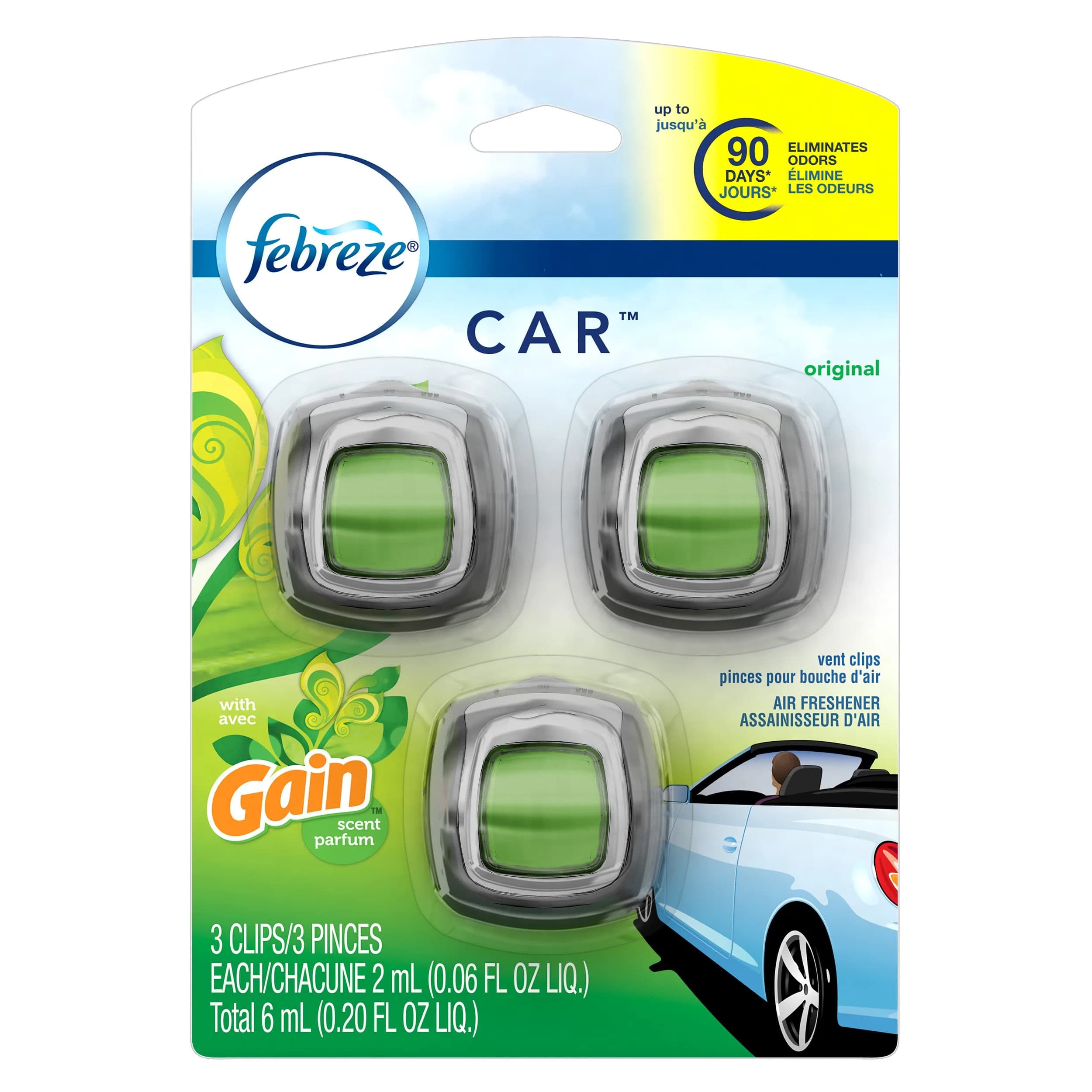 Febreze Car Vent Clip Air Freshener Gain Original 3 Pack | Odor Elimination & 30-Day Freshness Control — 3-Pack
