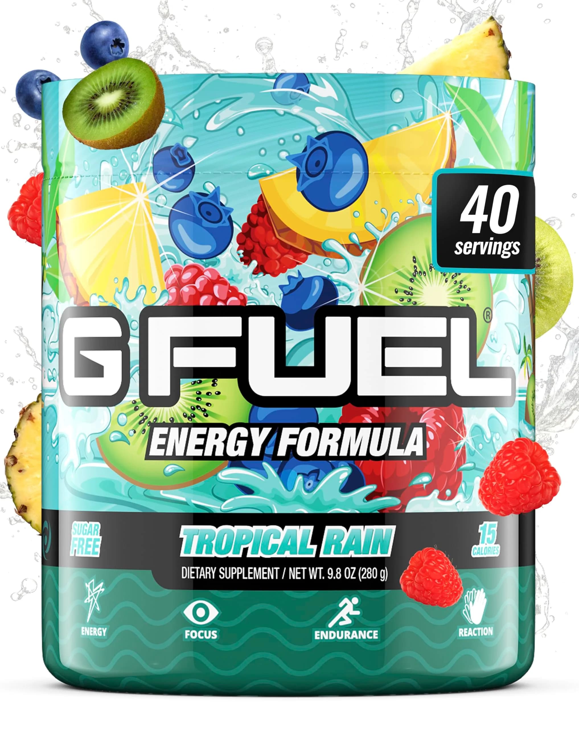 G Fuel Tropical Rain Energy Drink Powder 9.8oz | Sugar-Free Focus & Vitamins for Gaming & Fitness — Pineapple Raspberry Medley
