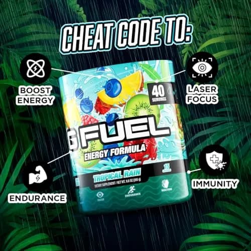 G Fuel Tropical Rain Energy Drink Powder 9.8oz | Sugar-Free Focus & Vitamins for Gaming & Fitness thumbnail 3