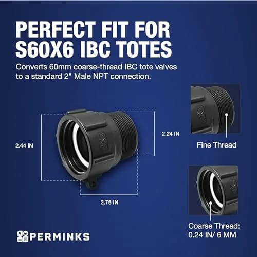 PERMINKS S60x6 IBC Tote Adapter with 2" NPT Fitting | Converts 275-330 Gal Tanks to Standard Plumbing thumbnail 2