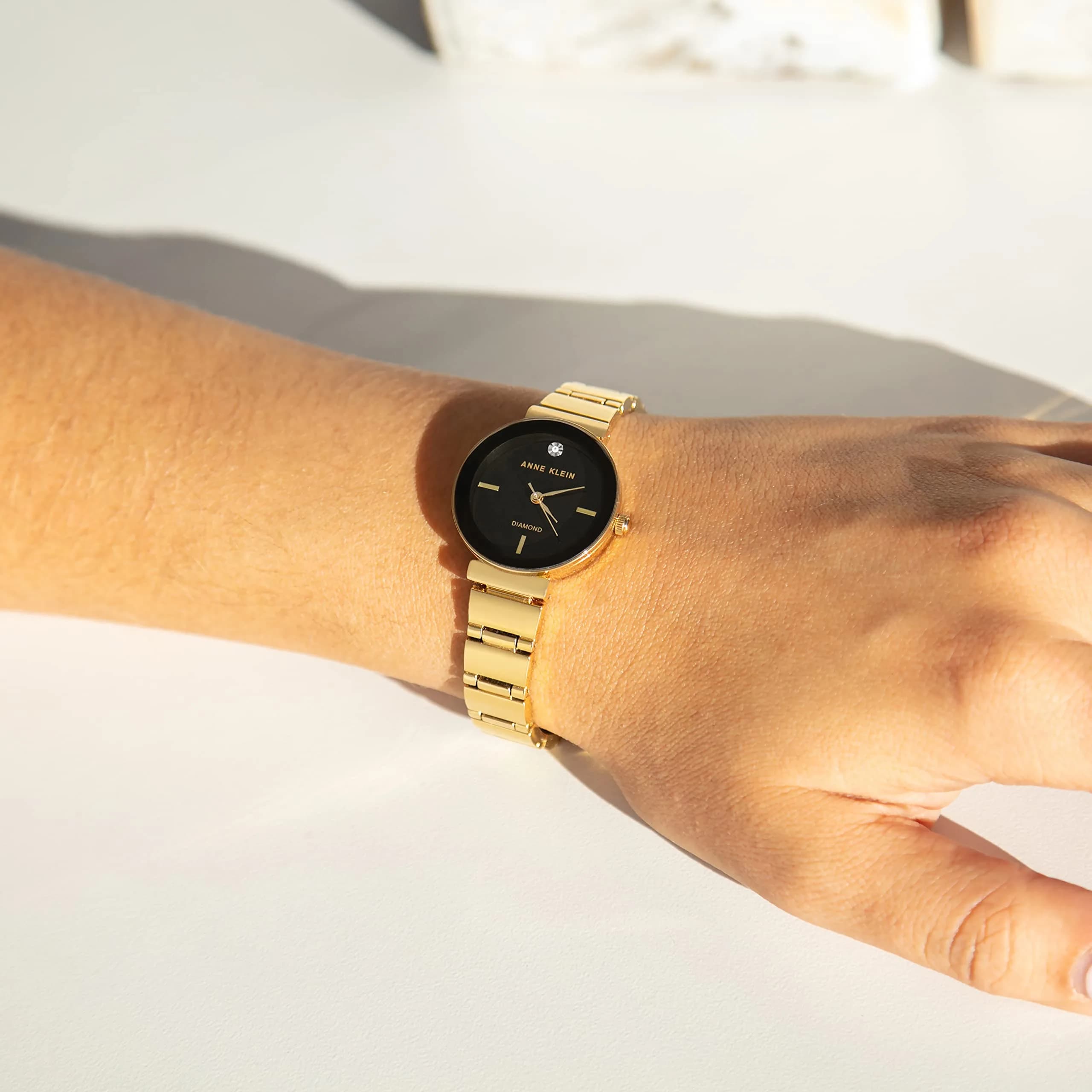 Anne Klein Women's Gold-Tone Black Dial Genuine Diamond Bracelet Watch 28mm | Japanese Quartz Movement - view 3