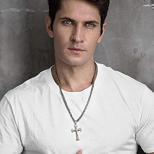 Trendsmax Mens Cross Pendant Necklace Stainless Steel 24inch | Gold & Silver Byzantine Chain thumbnail 5