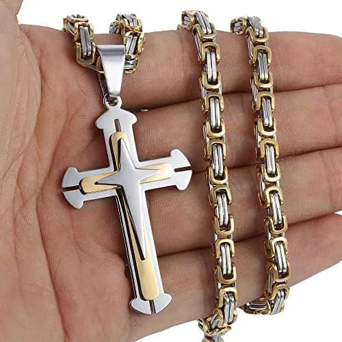Trendsmax Mens Cross Pendant Necklace 26inch | Stainless Steel Gold Silver Byzantine Chain thumbnail 2