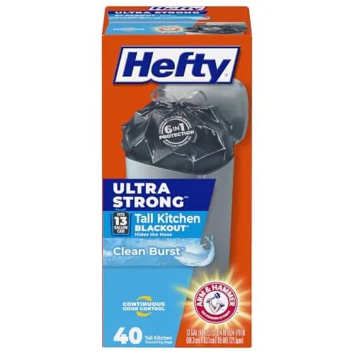 Hefty Ultra Strong 13 Gal Kitchen Trash Bags, Black, Clean Burst, 40ct | Puncture & Leak Resistant Tall Garbage Bags thumbnail 1