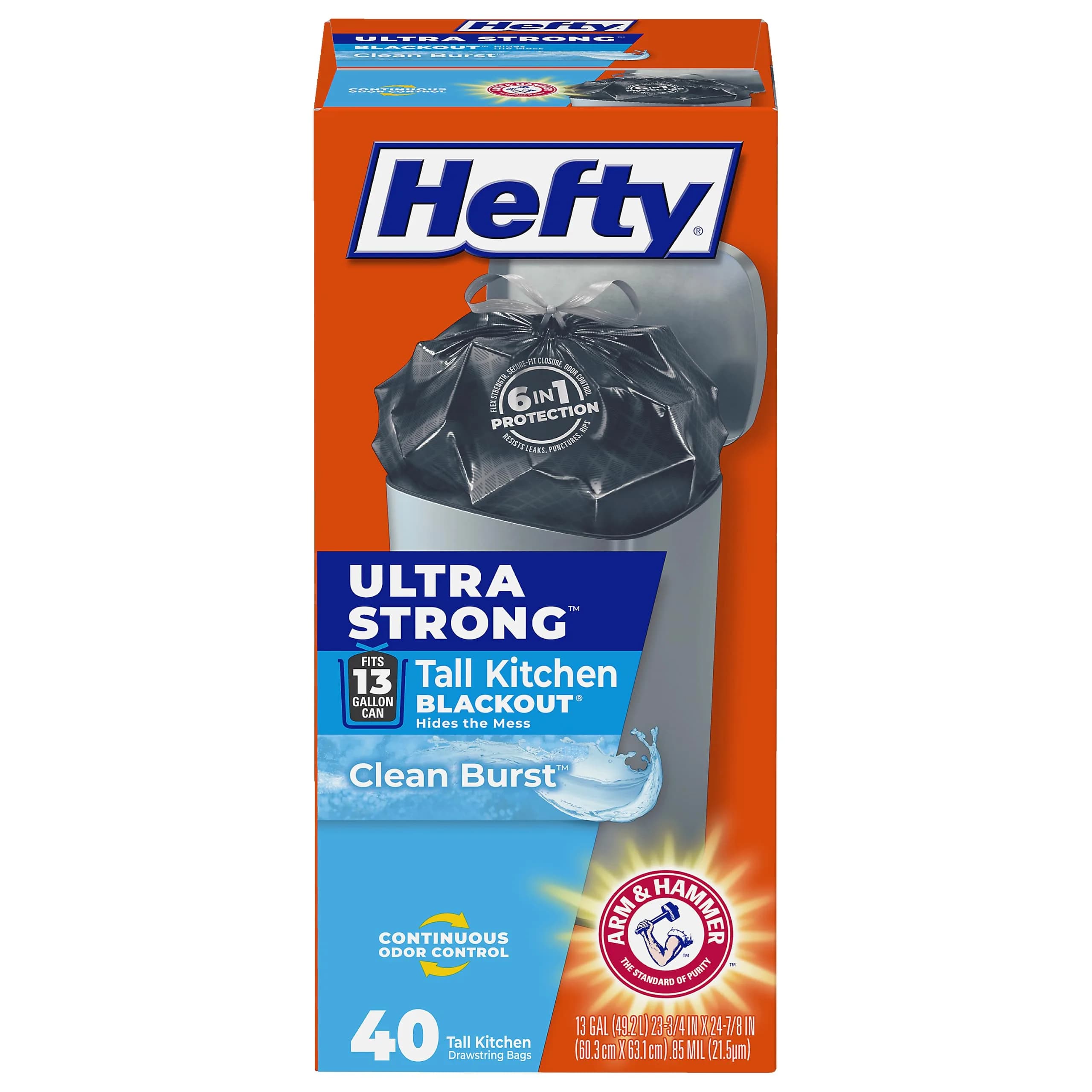 Hefty Ultra Strong 13 Gal Kitchen Trash Bags, Black, Clean Burst, 40ct | Puncture & Leak Resistant Tall Garbage Bags - main product image