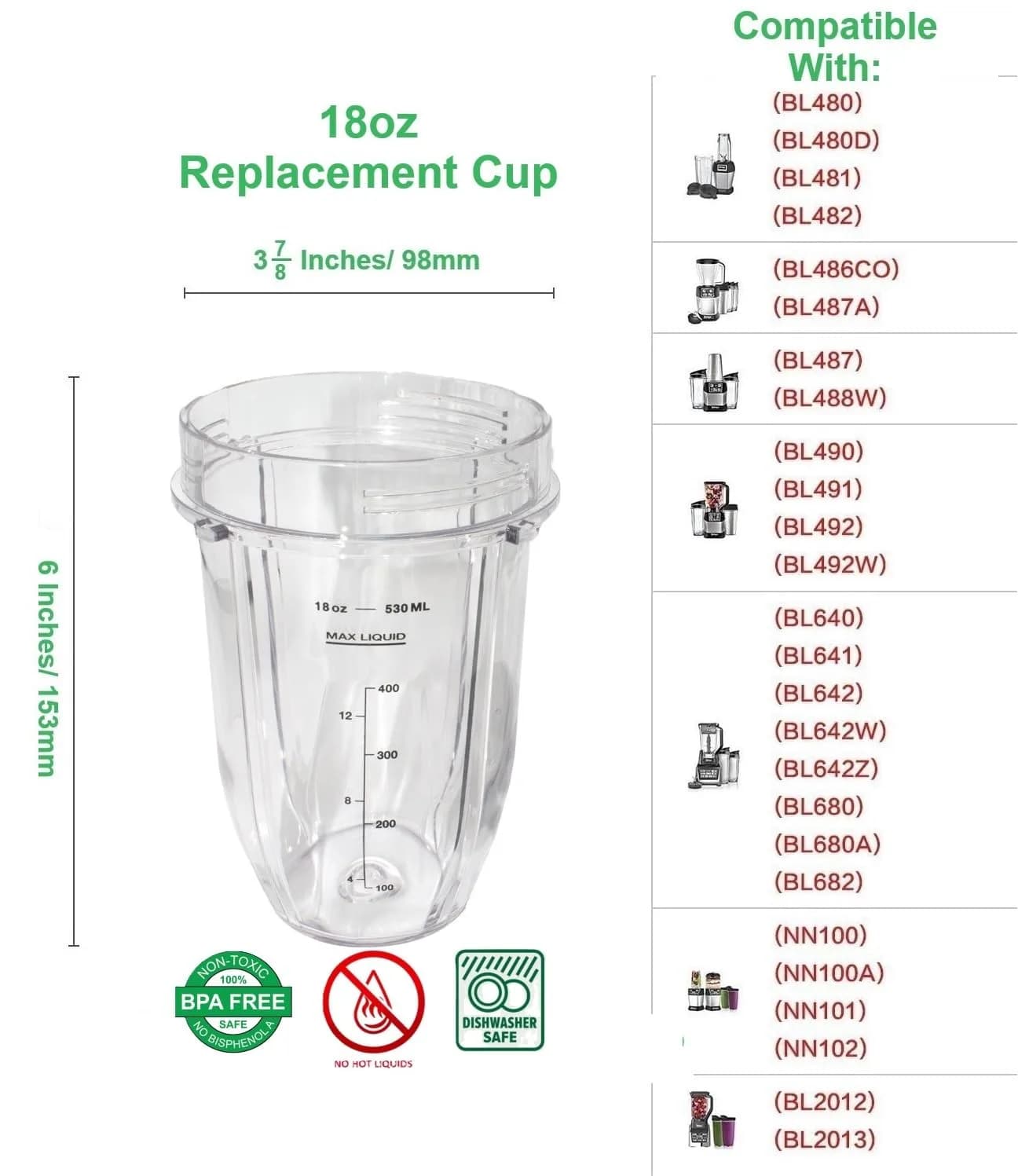 Blendin 18 oz (532 ml) Replacement Cups with Sip N Seal Lids - 2 Pack | Compatible with Nutri Ninja Auto-iQ 1000w Series & Duo Blenders - view 4