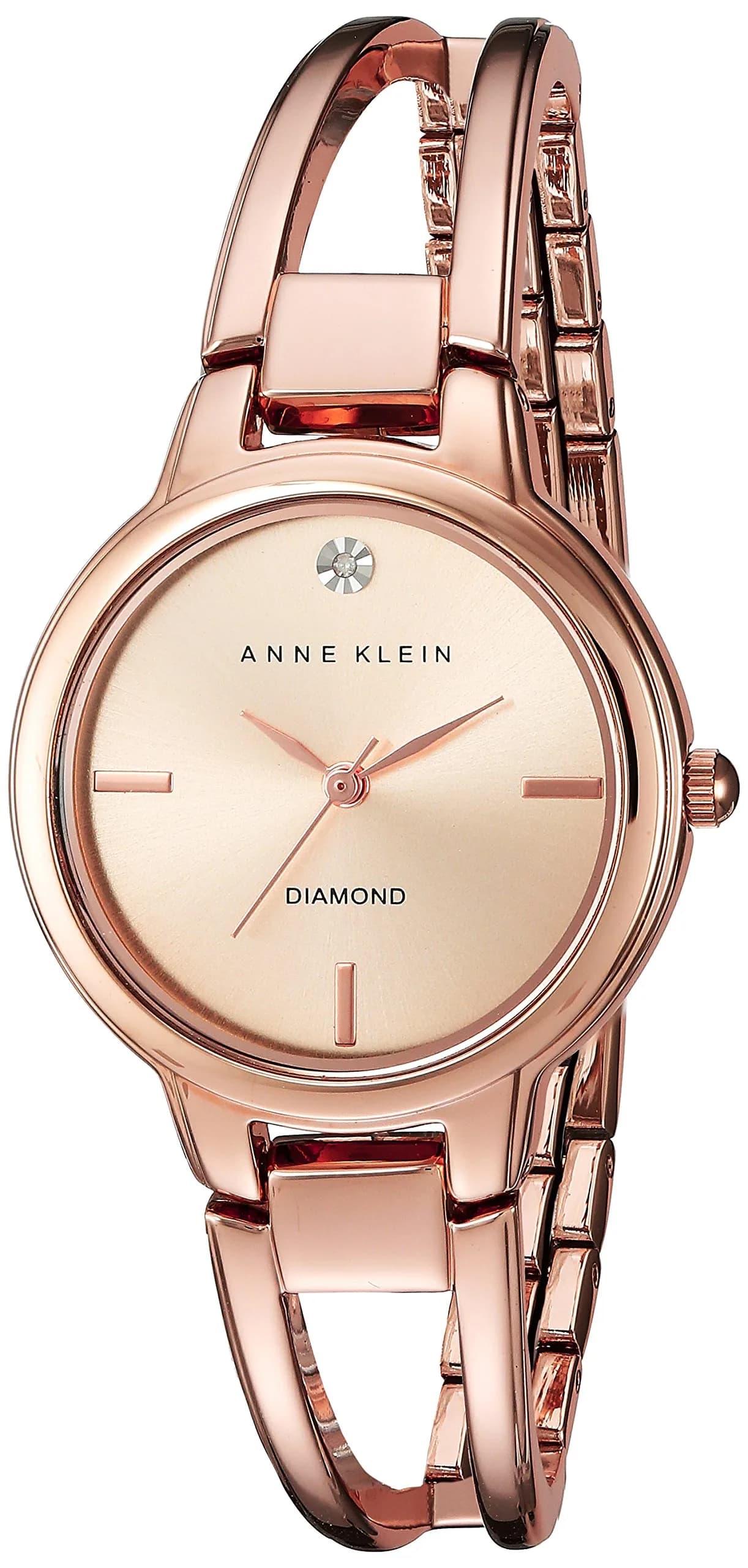 Anne Klein Women's Genuine Diamond Dial Bangle Watch 30mm | Black Sunray Dial with Diamond Accent — Rose Gold-Tone