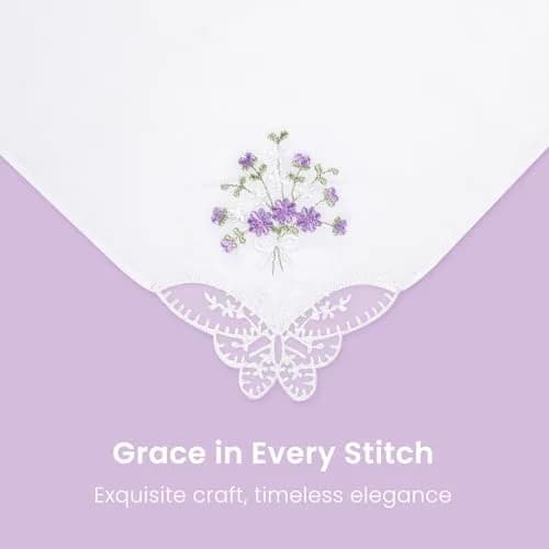 Selected Hanky Women's Cotton Handkerchiefs 11x11 | Floral Embroidery & Butterfly Lace thumbnail 2