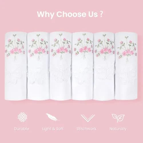 Selected Hanky Women's Cotton Handkerchiefs, Ladies Hankies, Pink Floral | Soft, Floral Embroidered, 6-Pack thumbnail 6