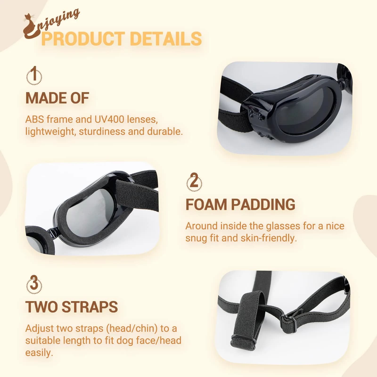 Enjoying Black Classic Dog Goggles for Small Breeds | UV Protection, Windproof, Adjustable Straps (5.9" L x 2" W x 1.7" H) - view 4