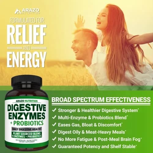 Arazo Nutrition Digestive Enzymes with Probiotics 120 Capsules | Fast-Acting, Acidophilus & Bromelain for Better Digestion thumbnail 4