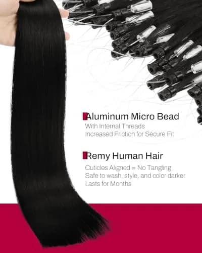 Moresoo Micro Bead Hair Extensions Real Human Hair, Off Black, 20 Inch (50g / 1.76 oz) | Blend Seamlessly for Volume & Length thumbnail 3