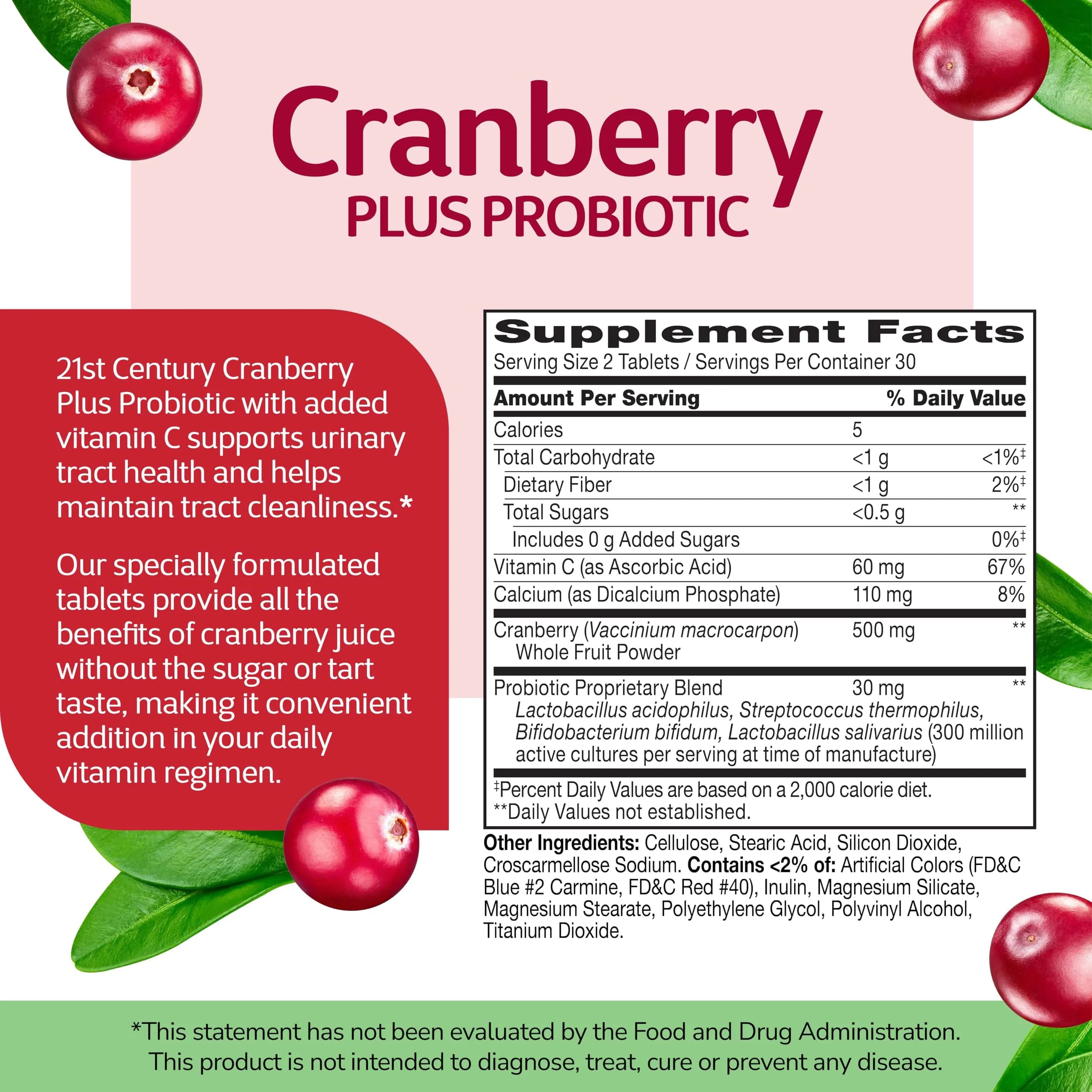 21st Century Cranberry Plus Probiotic Tablets 60 Count | Gluten-Free Urinary & Digestive Support - view 2