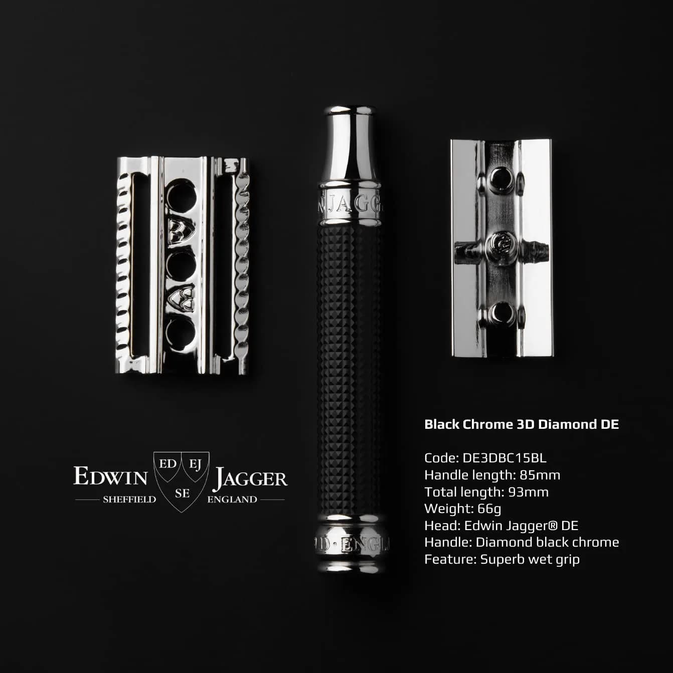 Edwin Jagger Double Edge Safety Razor, Regular Handle, Black Chrome Laser 3D Diamond thumbnail 2