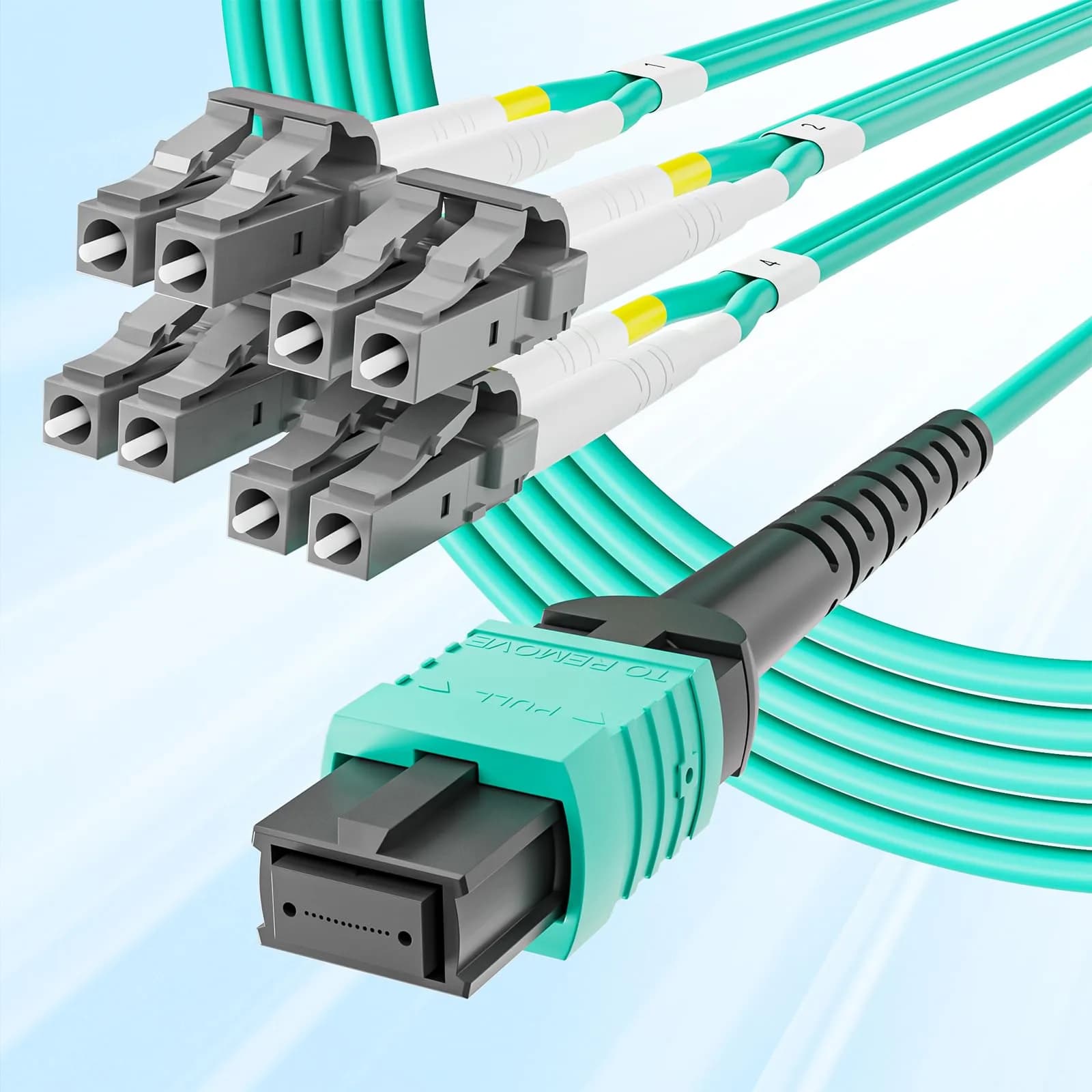 10Gtek Fiber Optic Cable Patch Cord MPO to 8xLC Fanout 1m | OM3 MMF 8-core Application for QSFP+ Transceivers — MMF OM3, MPO-8LC, 8-core