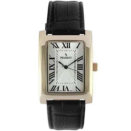 Peugeot Vintage Tank Shape 14K Gold Plated Watch with Roman Numeral Dial for Men | 30mm Case, Black Leather Strap thumbnail 1