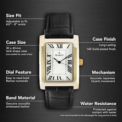 Peugeot Vintage Tank Shape 14K Gold Plated Watch with Roman Numeral Dial for Men | 30mm Case, Black Leather Strap thumbnail 2