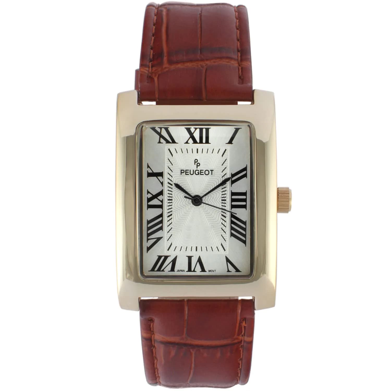 Peugeot Vintage Tank 14K Gold Plated Roman Numeral Leather Watch 30mm (1.18in) | Japanese Quartz Movement — Brown