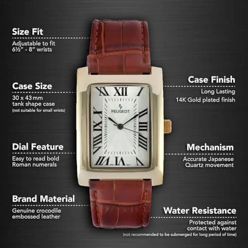 Peugeot Vintage Tank 14K Gold Plated Roman Numeral Leather Watch 30mm (1.18in) | Japanese Quartz Movement thumbnail 2