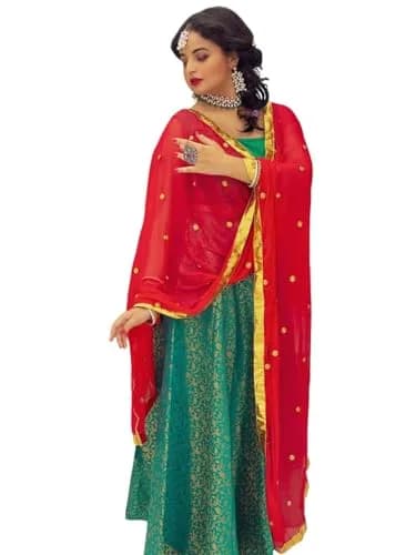 DUPATTA BAZAAR Women's Red Chiffon Dupatta with Gold Border 235cm (92") | Traditional Indian Ethnic Wear thumbnail 1