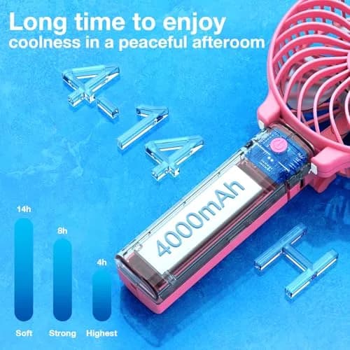 VersionTECH. Portable Handheld Fan with 4000mAh Battery & 180° Foldable Design | 3-Speed Mini USB Fan for Personal Use, Travel, Office (Pink) thumbnail 4