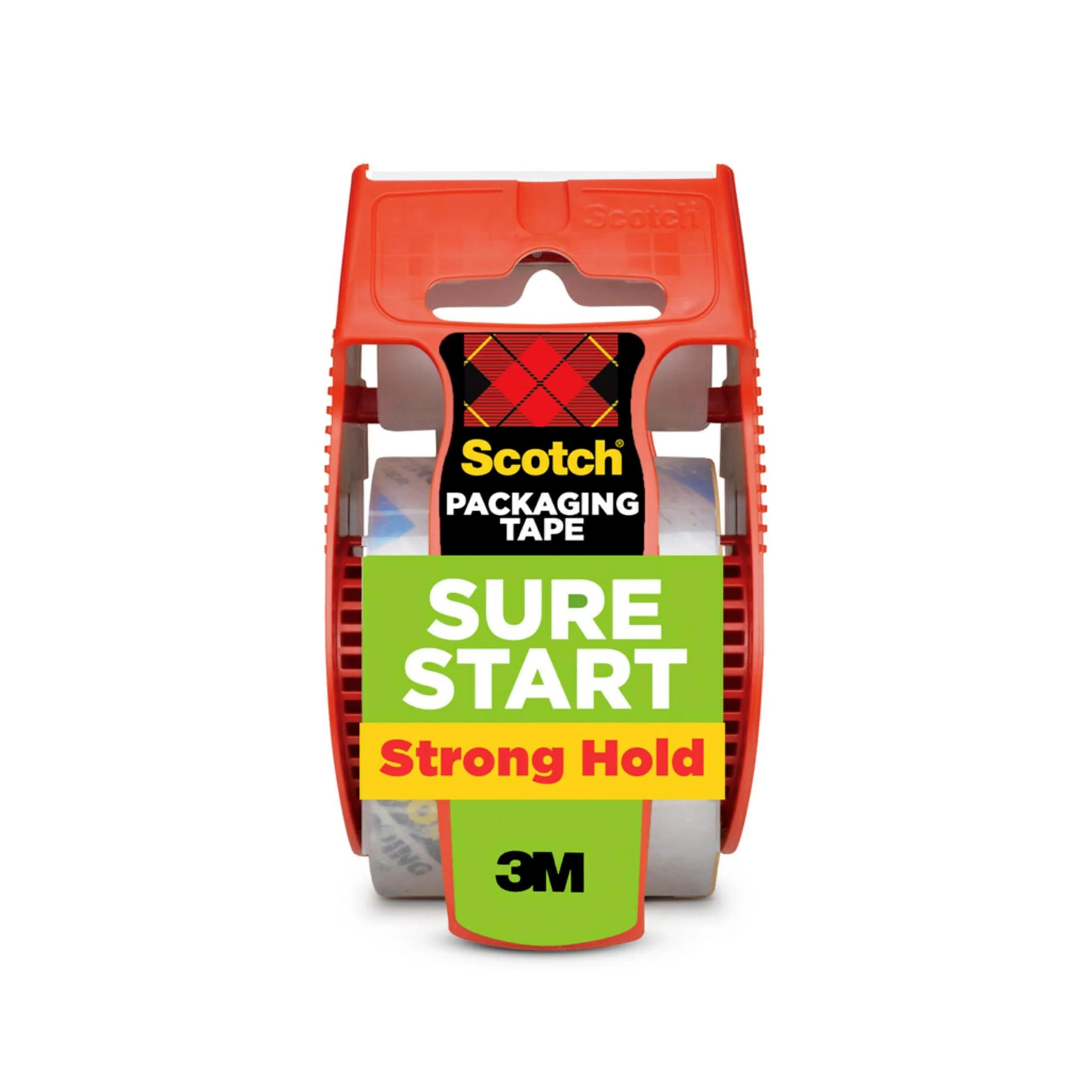 Scotch Sure Start Packing Tape with Dispensers, Clear, 4.8cm (1.88 inch) x 22.2 Yard, 2 Rolls | Quiet Unwind & Easy Start — 1 Roll