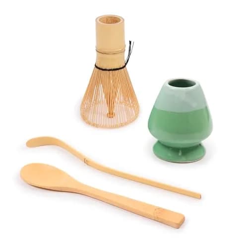 BambooMN Matcha Green Tea Whisk And Scoop 4 Piece Set - Mint Green Holder - 1 Set | Traditional Japanese Tea Utensils thumbnail 1