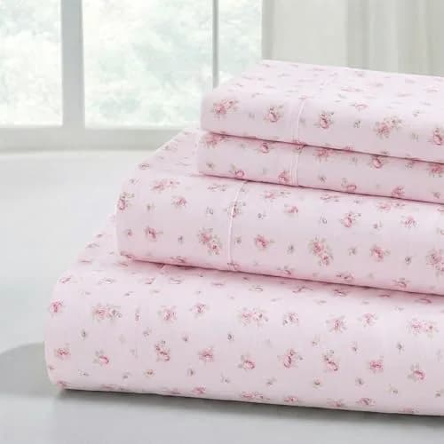 Modern Threads California King Bed Sheets Set | Ultra Soft Microfiber, Wrinkle-Free, Deep Pockets, Roses on Blush thumbnail 1