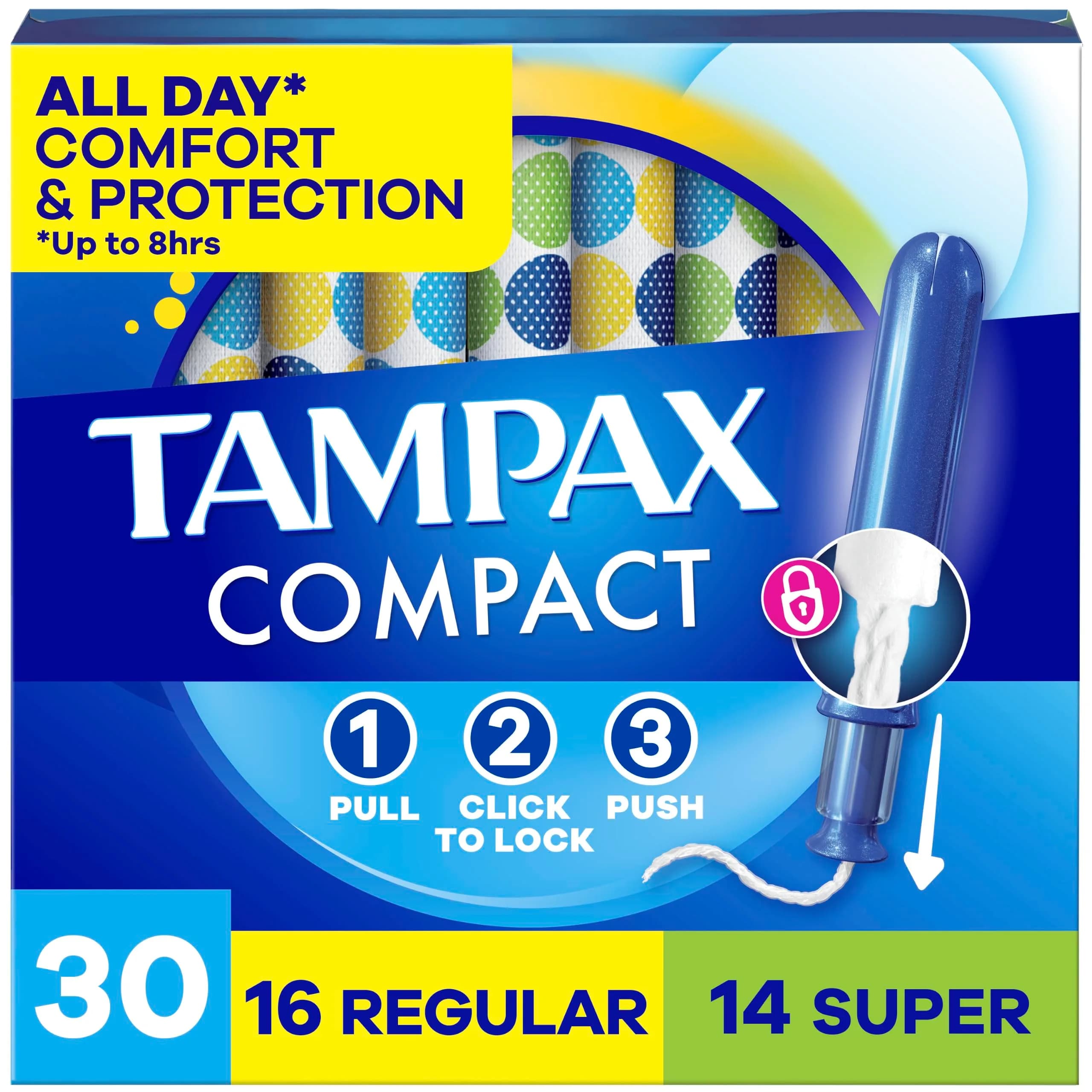 Tampax Compact Pearl Tampons Multipack Regular/Super 30 Count | LeakGuard Braid & Extendable Applicator - main product image