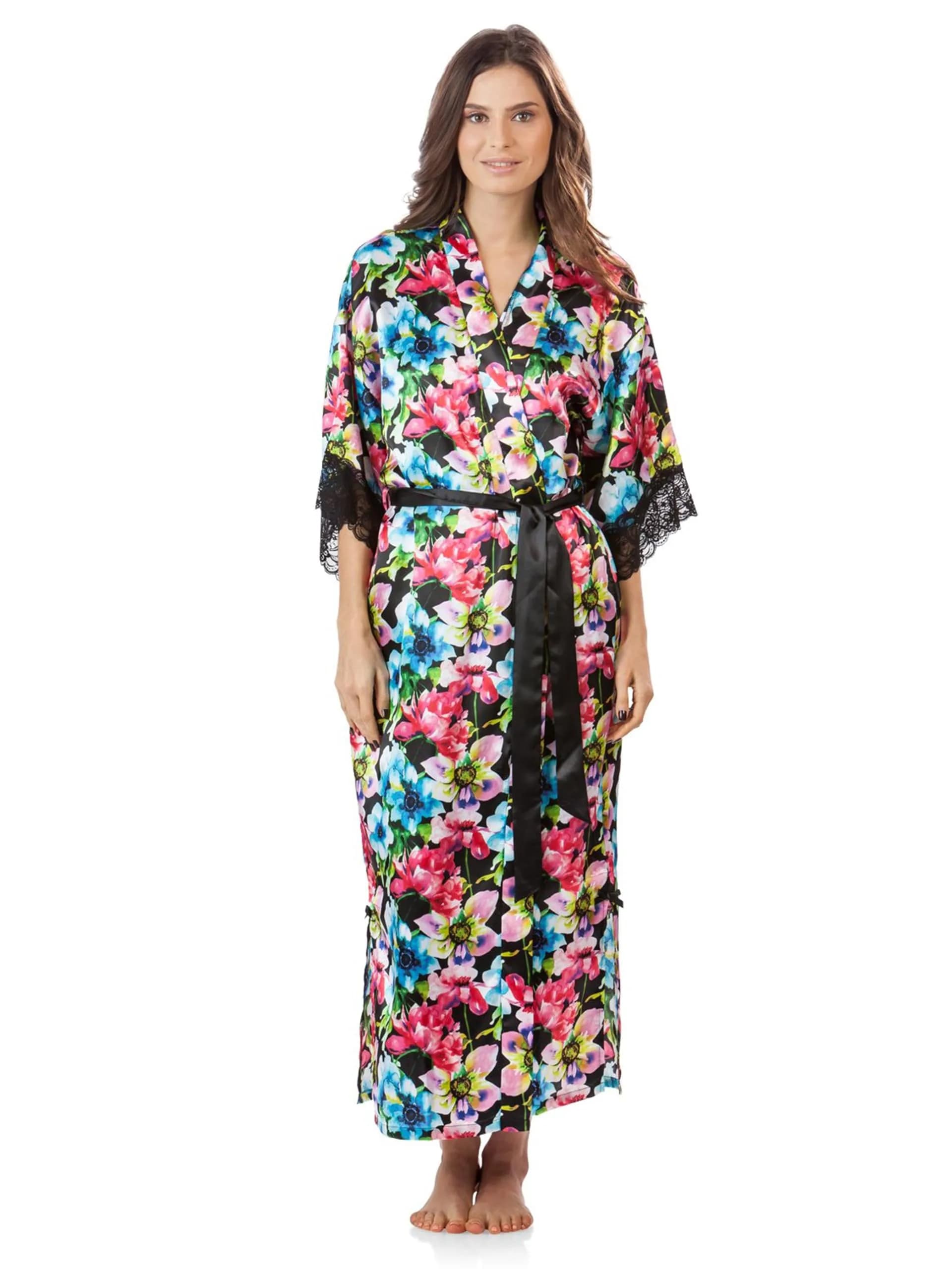 Ashford & Brooks Women's Satin Lace Trim Long Kimono Robe - Floral - Small | Flowy, lightweight satin for lounging