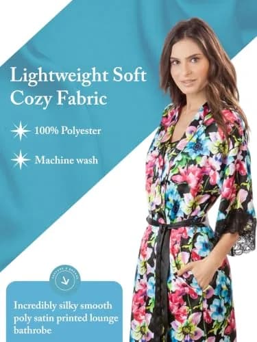 Ashford & Brooks Women's Satin Lace Trim Long Kimono Robe - Floral - Small | Flowy, lightweight satin for lounging thumbnail 4